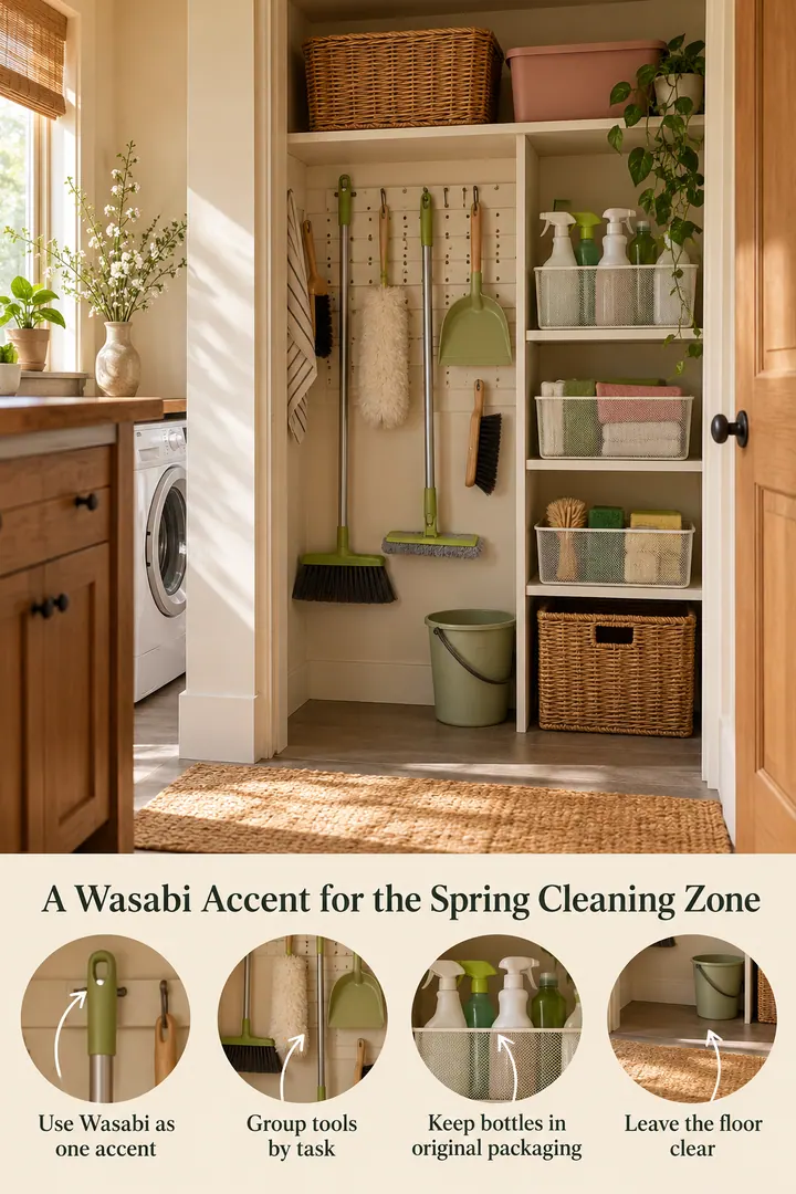 Annotated Educational Photo of wasabi spring cleaning station in Utility corner showing use wasabi as one accent.