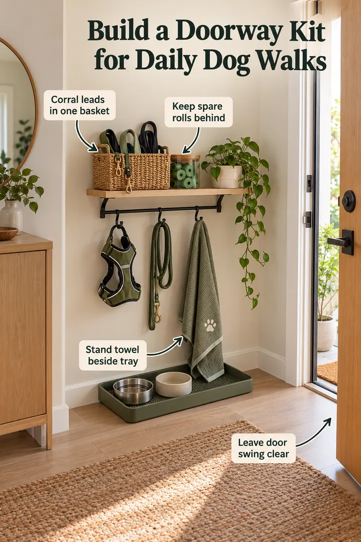 Annotated Educational Photo of dog walking entry station in Micro entryway showing corral leads in one basket.