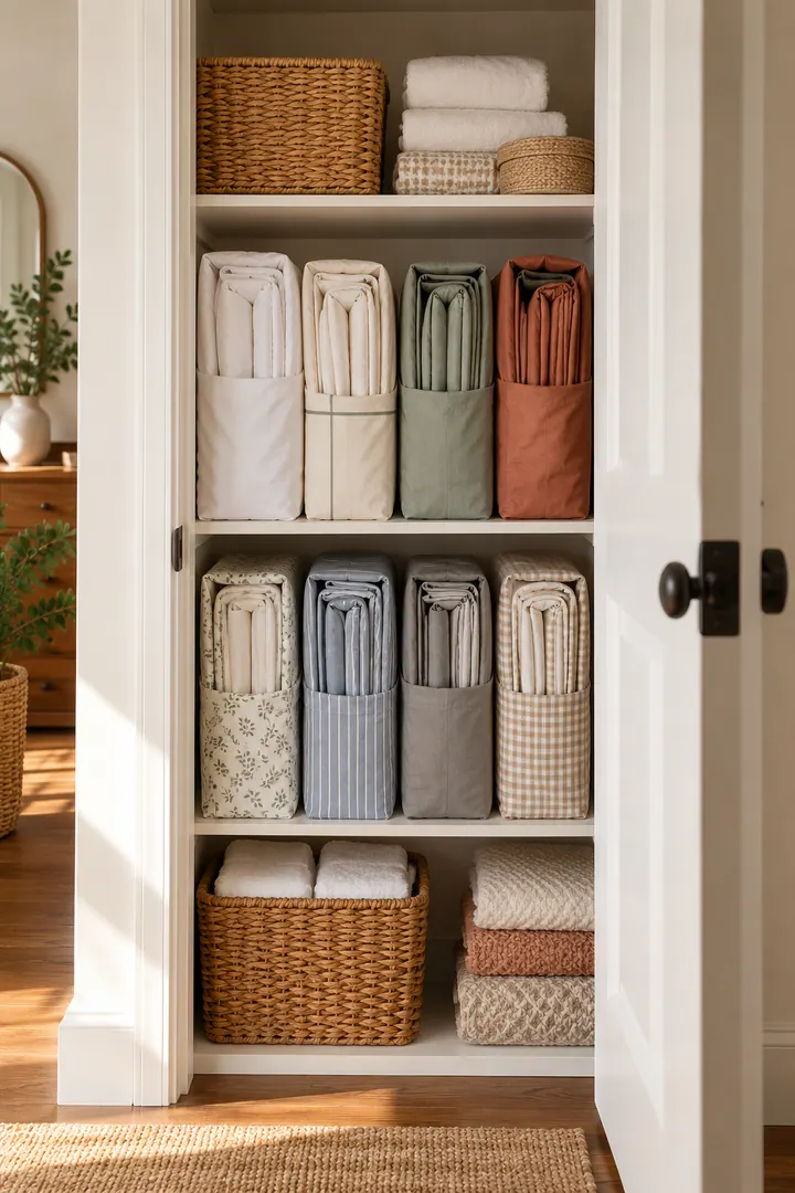 Clean Photo of linen closet sheet set storage in Shallow linen closet showing fold each set together.