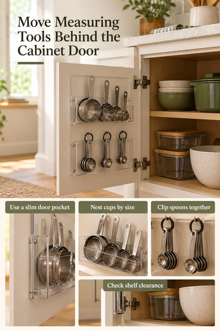 Editorial Educational Collage of cabinet door measuring tool holder in Compact kitchen prep zone showing use a slim door pocket.