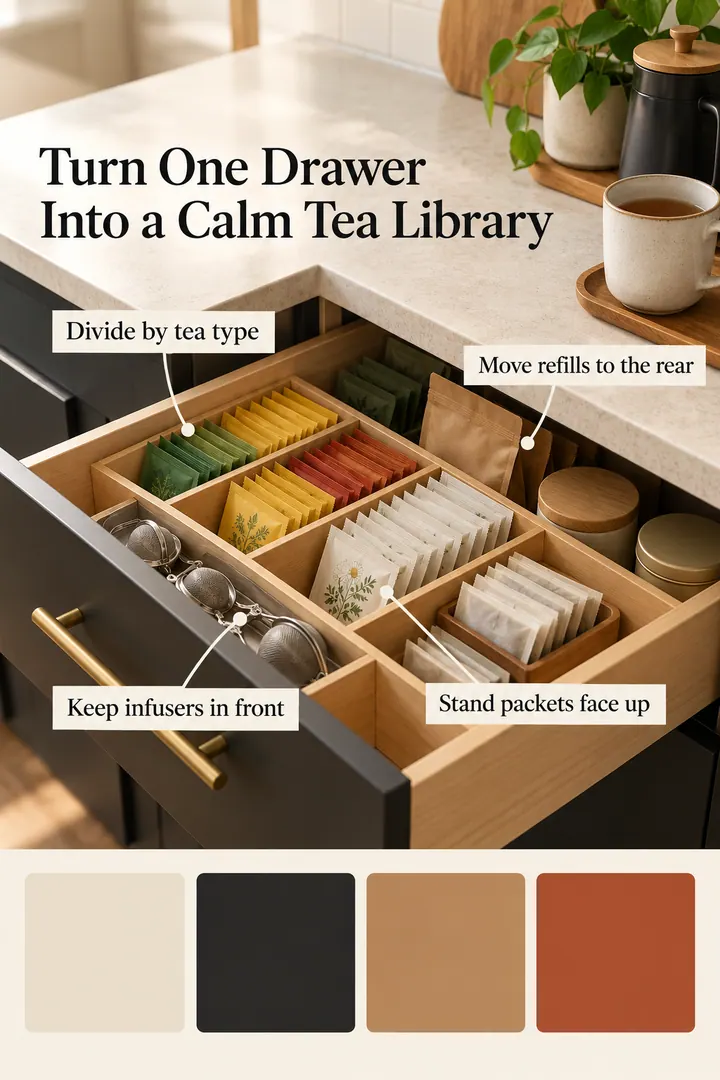 Color Palette Guide of tea drawer divider system in Kitchen beverage corner showing divide by tea type.