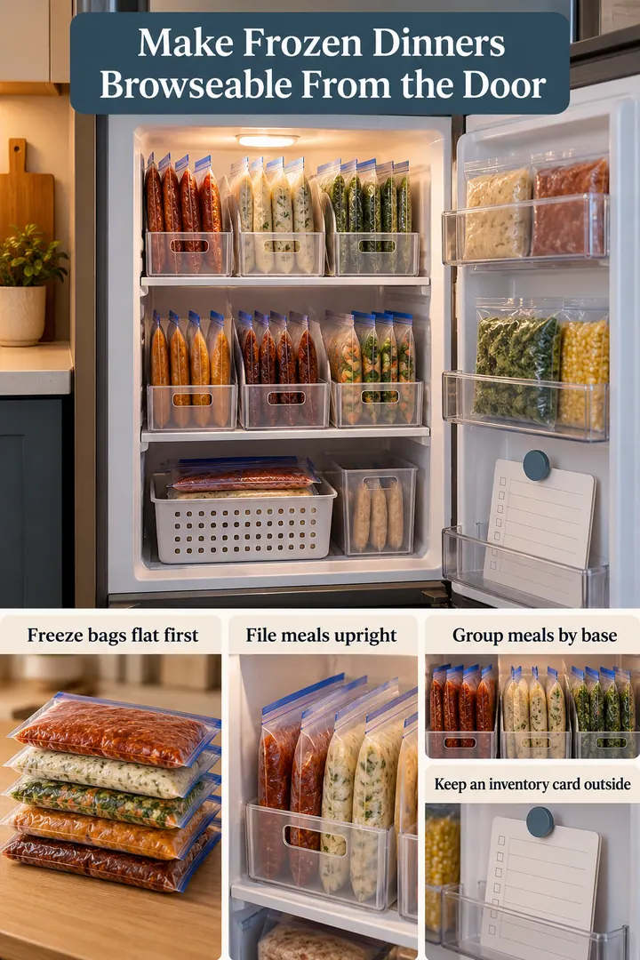Room-by-Room Visual Guide of upright freezer meal organizer in Apartment refrigerator freezer showing freeze bags flat first.