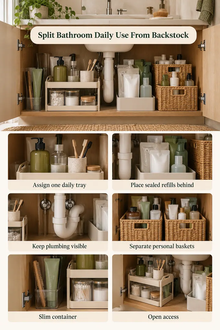 Budget Decor Catalog of bathroom backstock separation in Under-sink bathroom cabinet showing assign one daily tray.