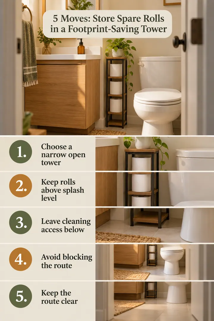 Numbered Ideas Infographic of toilet paper slim floor tower in Powder room showing choose a narrow open tower.