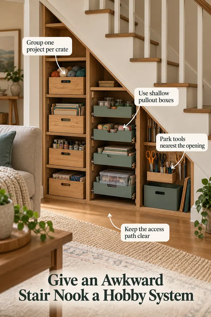 Annotated Educational Photo of under stair hobby storage in Under-stair nook showing group one project per crate.