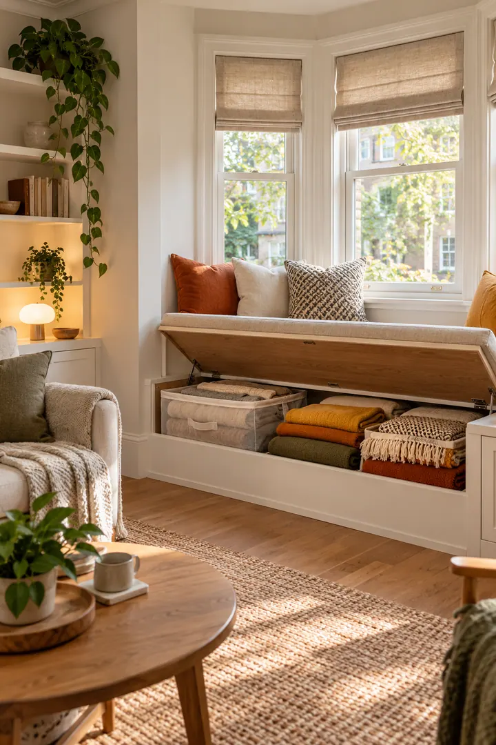 Clean Photo of window seat blanket storage in Small living room window bay showing use one lidded bench.