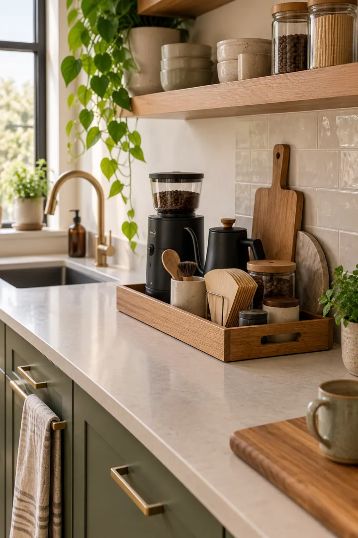 Detail/Lifestyle Photo of coffee station shallow tray in Narrow kitchen counter showing contain the daily setup.