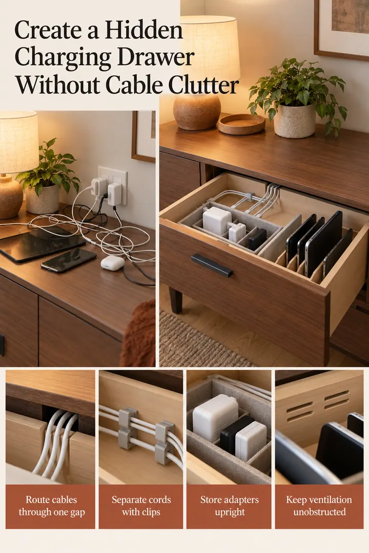 Editorial Educational Collage of charging drawer cable organization in Living room console drawer showing route cables through one gap.