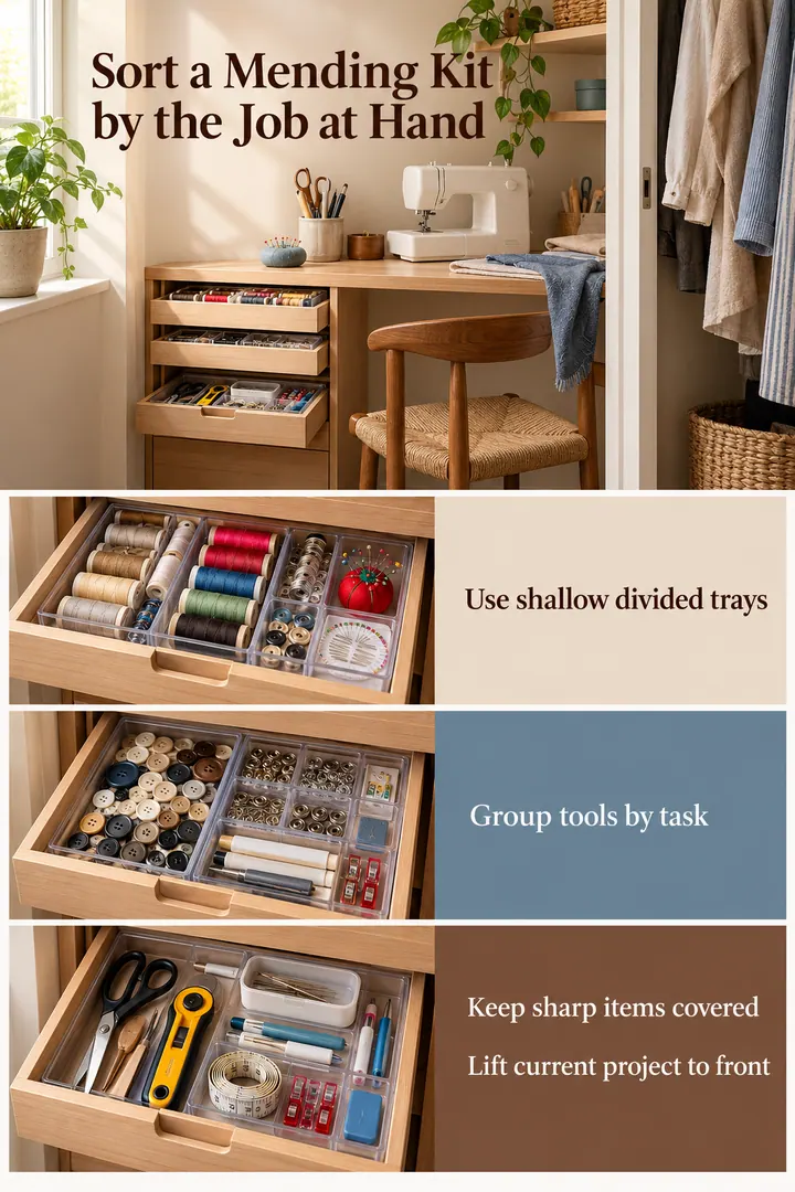 Color Palette Guide of sewing notions shallow drawer trays in Closet sewing nook showing use shallow divided trays.