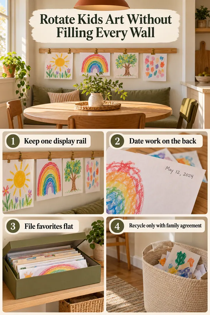 Room-by-Room Visual Guide of children art portfolio rotation in Dining nook art station showing keep one display rail.