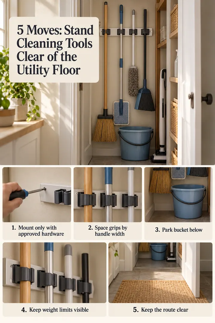 Numbered Ideas Infographic of utility closet broom rail in Narrow utility cupboard showing mount only with approved hardware.