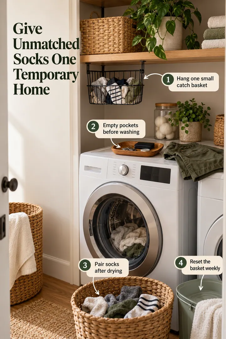 Annotated Educational Photo of laundry lost sock basket in Laundry closet showing hang one small catch basket.