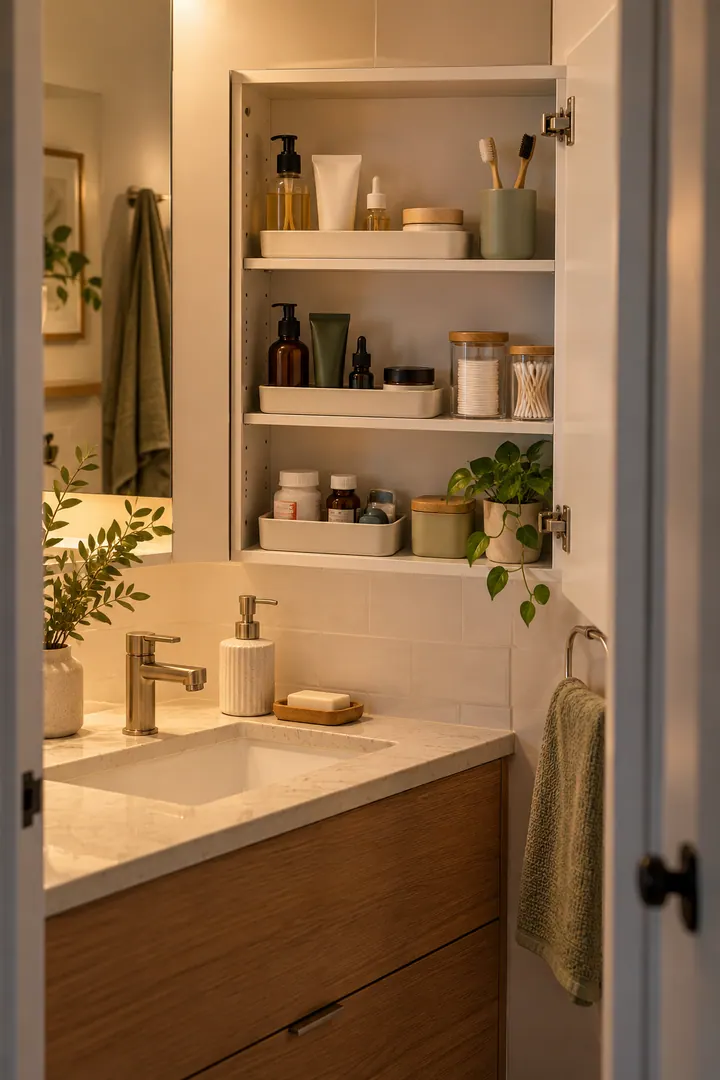 Clean Photo of medicine cabinet routine trays in Small bathroom vanity showing build one tray per routine.