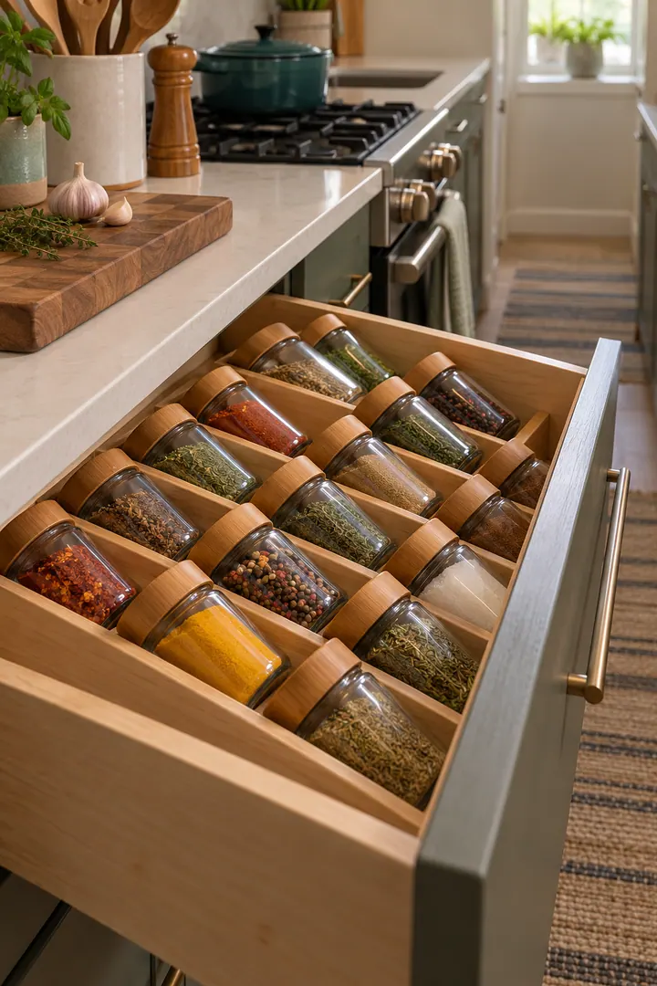 Detail/Lifestyle Photo of spice drawer angled inserts in Galley kitchen drawer showing lay jars on an angle.