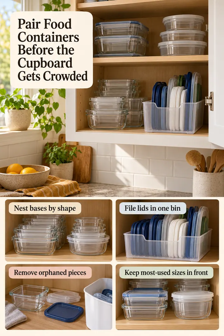Editorial Educational Collage of food container lid pairing bin in Kitchen cupboard showing nest bases by shape.