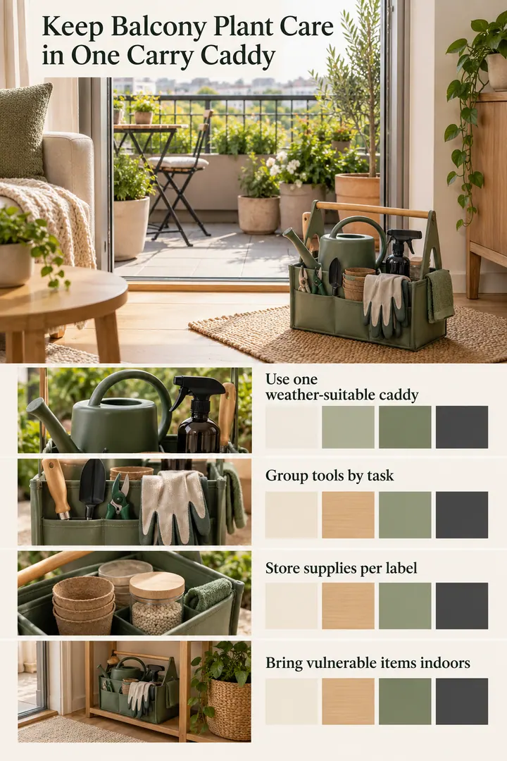 Color Palette Guide of balcony plant care caddy in Apartment balcony doorway showing use one weather-suitable caddy.