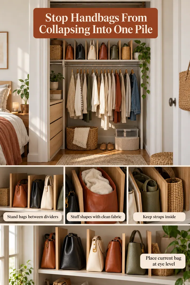 Room-by-Room Visual Guide of handbag shelf dividers in Reach-in bedroom closet showing stand bags between dividers.