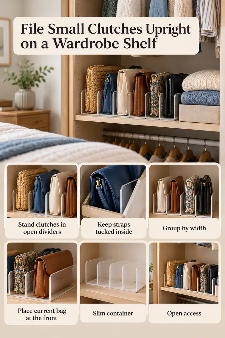 Budget Decor Catalog of vertical clutch shelf files in Bedroom wardrobe showing stand clutches in open dividers.