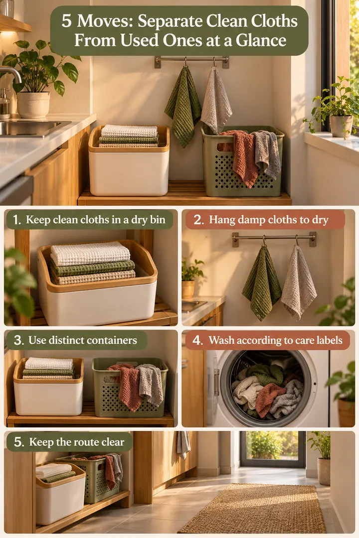Numbered Ideas Infographic of cleaning cloth drying bins in Kitchen utility corner showing keep clean cloths in a dry bin.