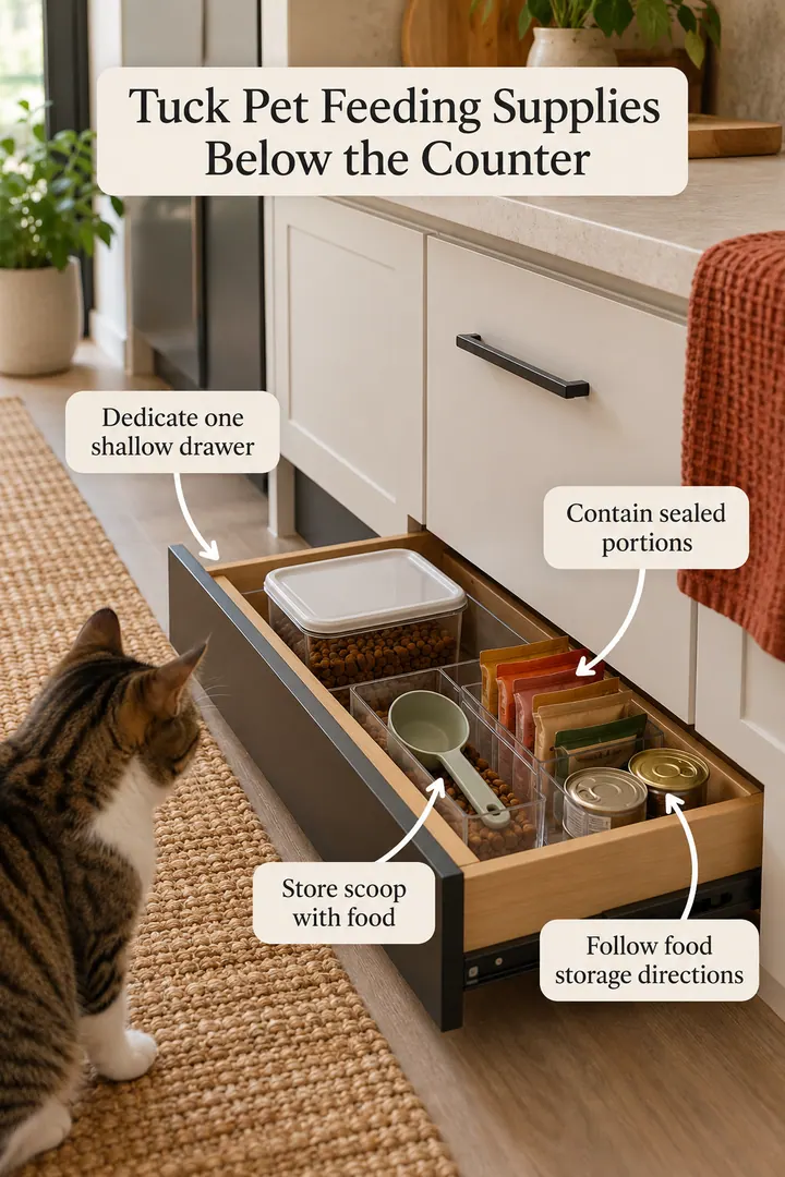 Annotated Educational Photo of pet feeding drawer organizer in Kitchen toe-kick zone showing dedicate one shallow drawer.