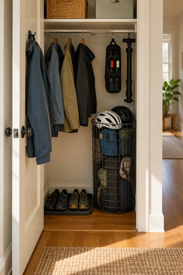 Clean Photo of sports gear tall basket zone in Hall closet showing use one ventilated tall basket.