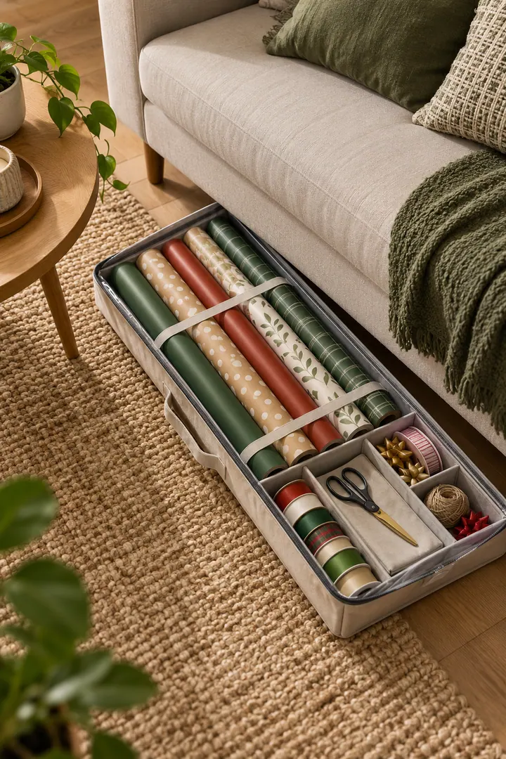 Detail/Lifestyle Photo of gift wrap under sofa storage in Living room sofa gap showing use a flat protective sleeve.
