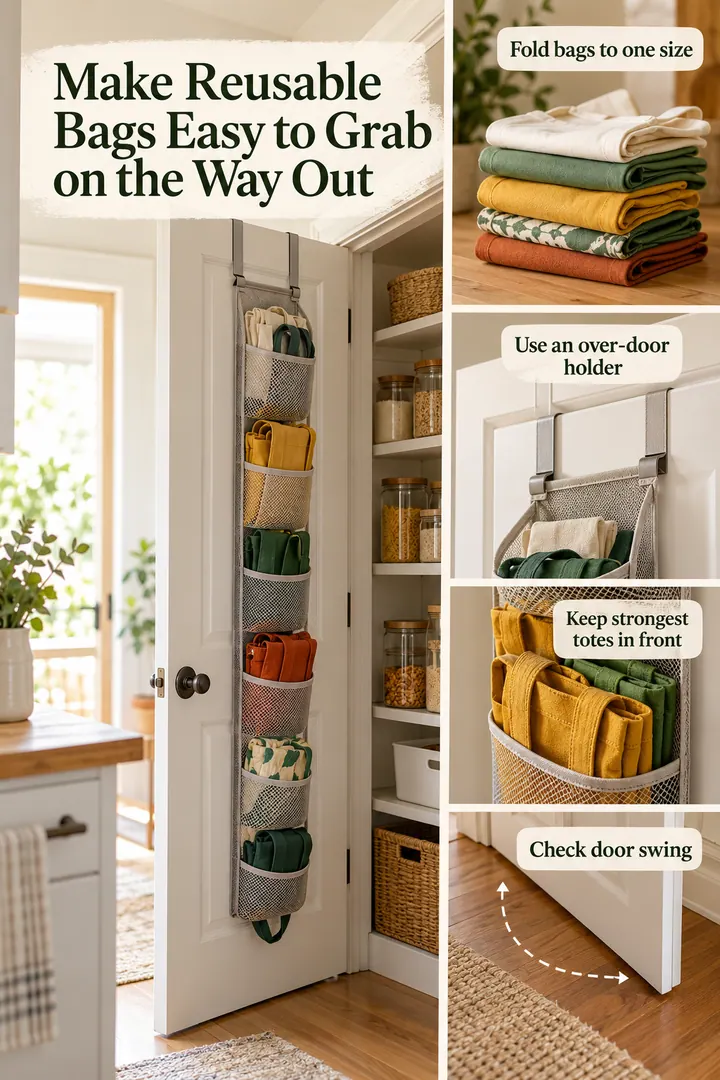 Editorial Educational Collage of reusable bag door dispenser in Kitchen pantry door showing fold bags to one size.