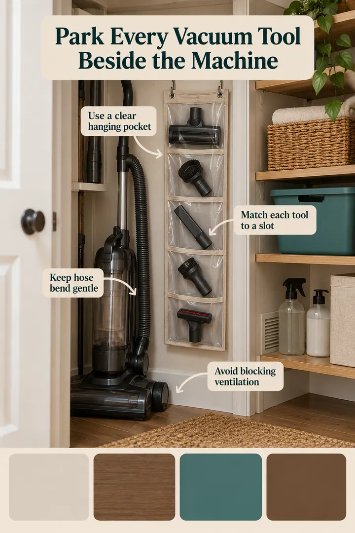 Color Palette Guide of vacuum attachment pocket storage in Utility closet showing use a clear hanging pocket.