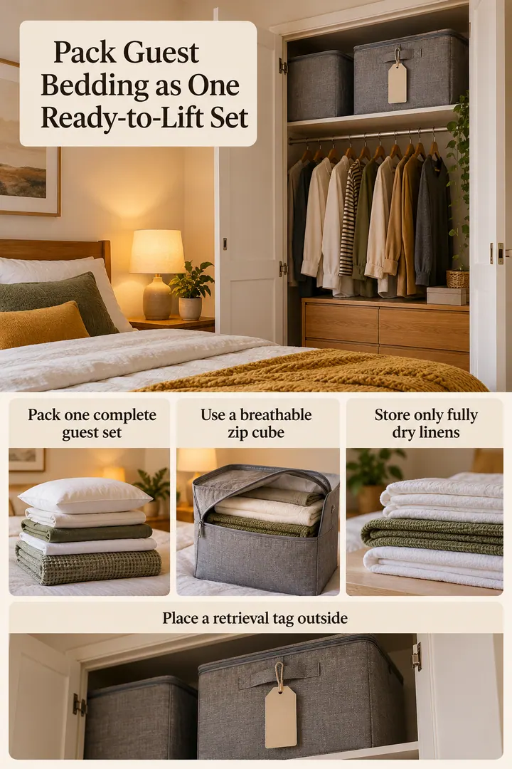 Room-by-Room Visual Guide of guest bedding storage cube in Bedroom wardrobe top shelf showing pack one complete guest set.