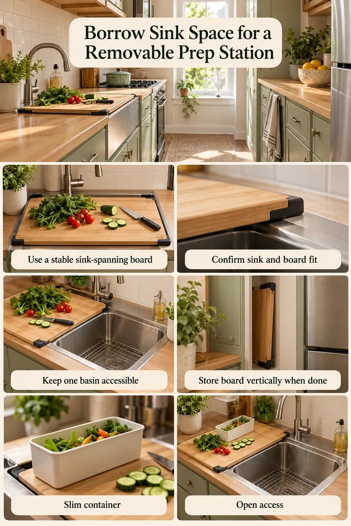 Budget Decor Catalog of sink bridge prep board zone in Narrow galley kitchen showing use a stable sink-spanning board.