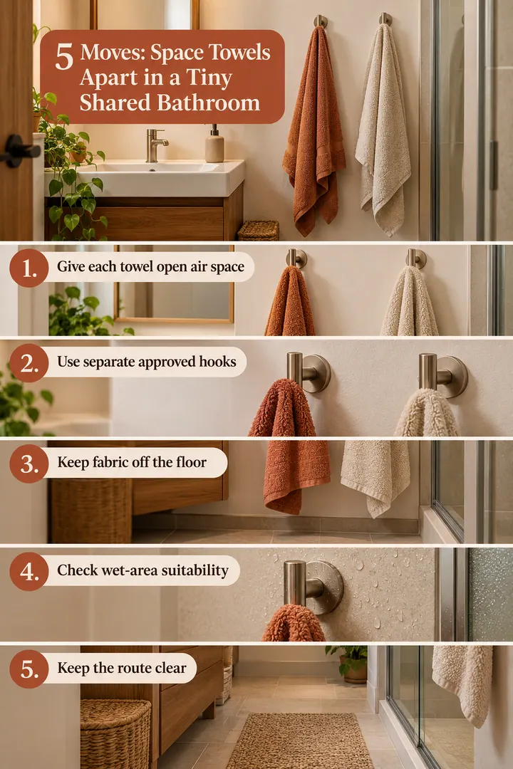 Numbered Ideas Infographic of small bathroom towel drying layout in Windowless compact bathroom showing give each towel open air space.