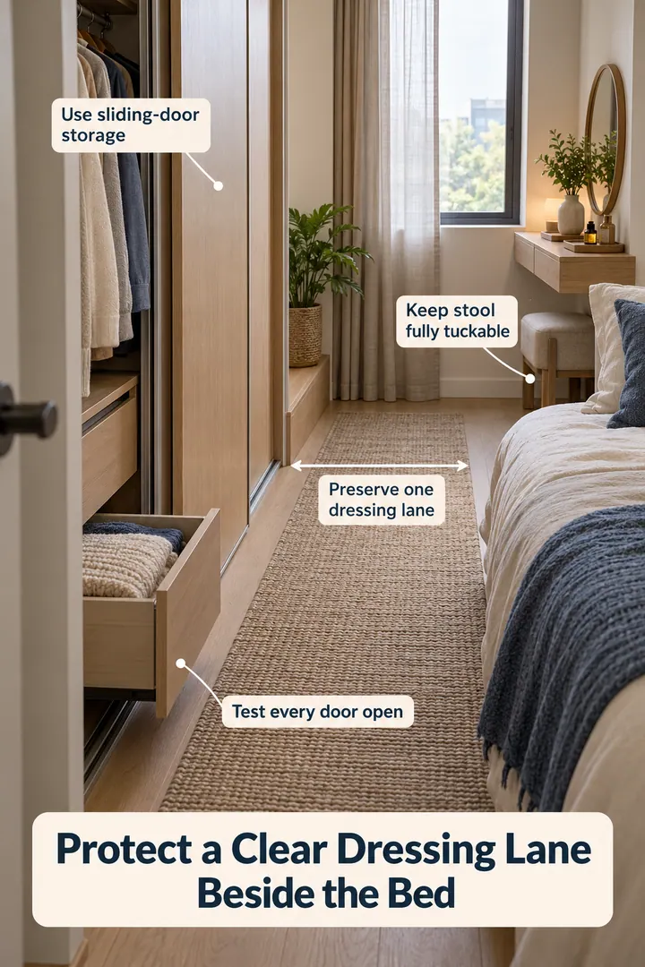 Annotated Educational Photo of bedroom dressing lane layout in Narrow bedroom showing preserve one dressing lane.