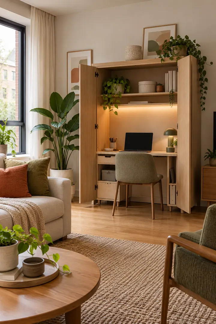 Clean Photo of video call cabinet backdrop in Living-room home office showing use one closable cabinet.