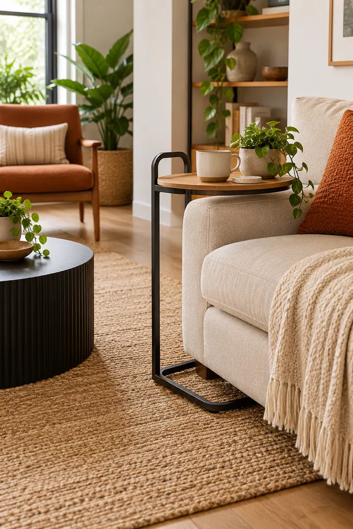Detail/Lifestyle Photo of small living room movable side table in Compact living room showing choose a handled light table.