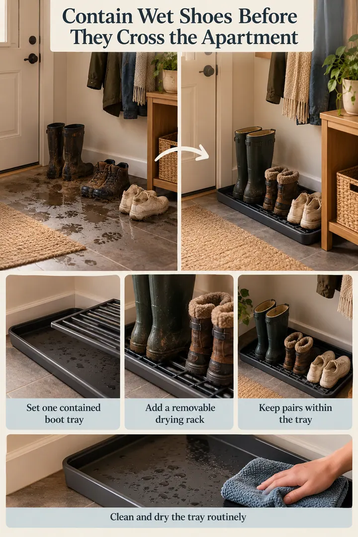 Editorial Educational Collage of wet boot entry tray system in Snowy-climate apartment entry showing set one contained boot tray.