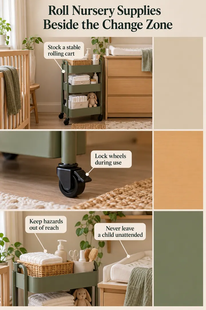 Color Palette Guide of nursery change cart safety layout in Small nursery corner showing stock a stable rolling cart.