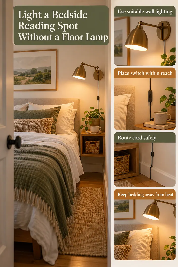 Room-by-Room Visual Guide of bedroom reading corner wall light in Tiny bedroom showing use suitable wall lighting.