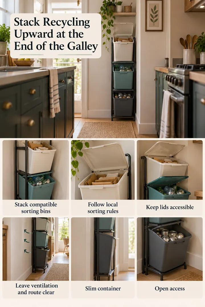 Budget Decor Catalog of kitchen recycling vertical sorter in Galley kitchen end wall showing stack compatible sorting bins.