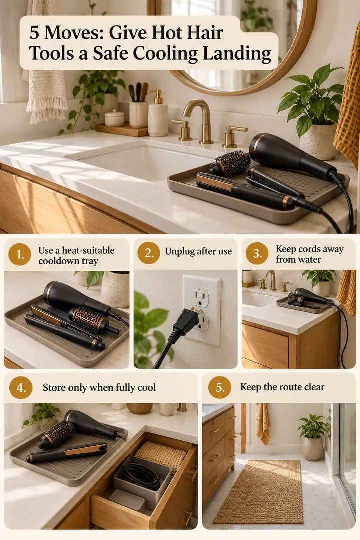 Numbered Ideas Infographic of bathroom hair tool cooldown tray in Small bathroom vanity showing use a heat-suitable cooldown tray.