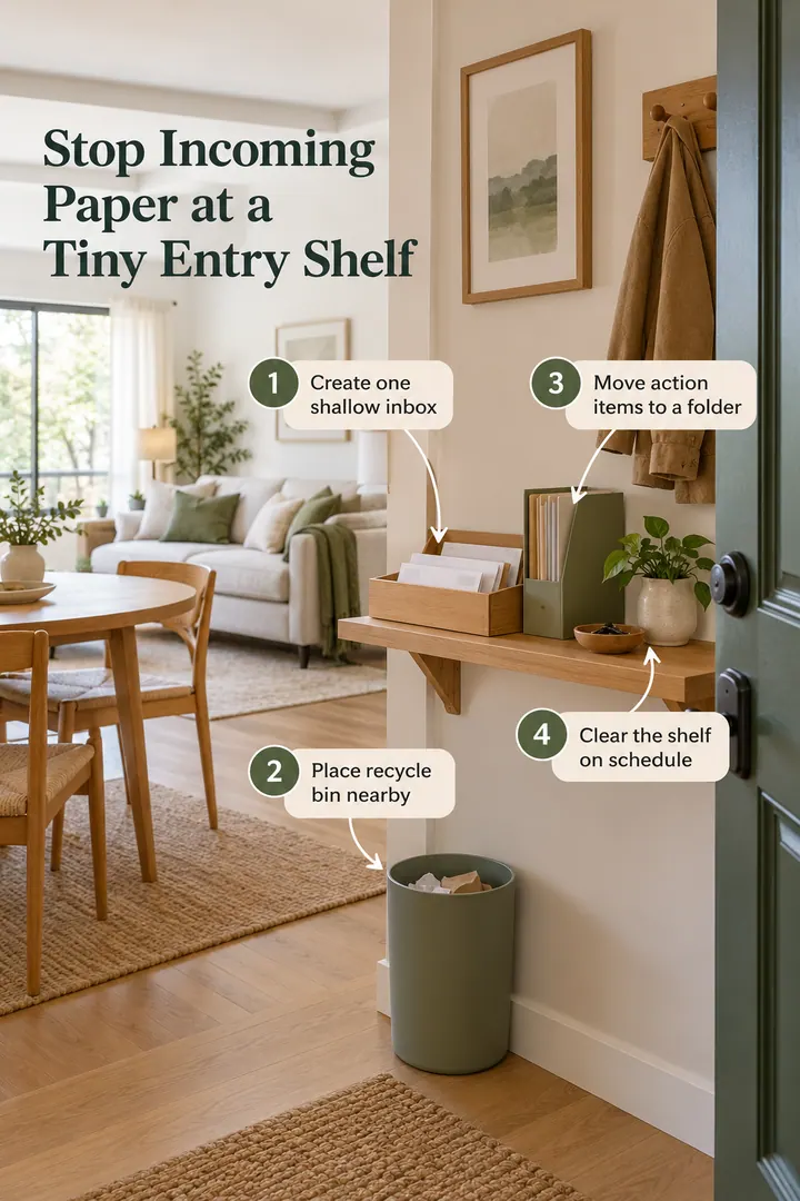 Annotated Educational Photo of entryway mail decision shelf in Door opening into living room showing create one shallow inbox.