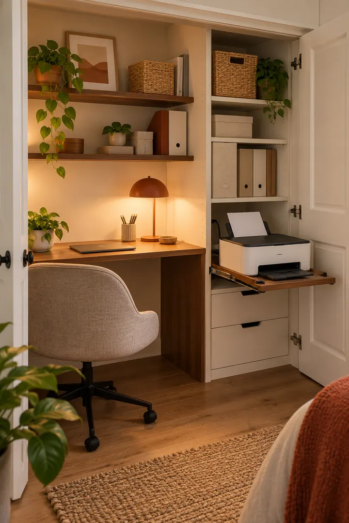 Clean Photo of home office printer pullout shelf in Closet office showing place printer on a sturdy pullout.