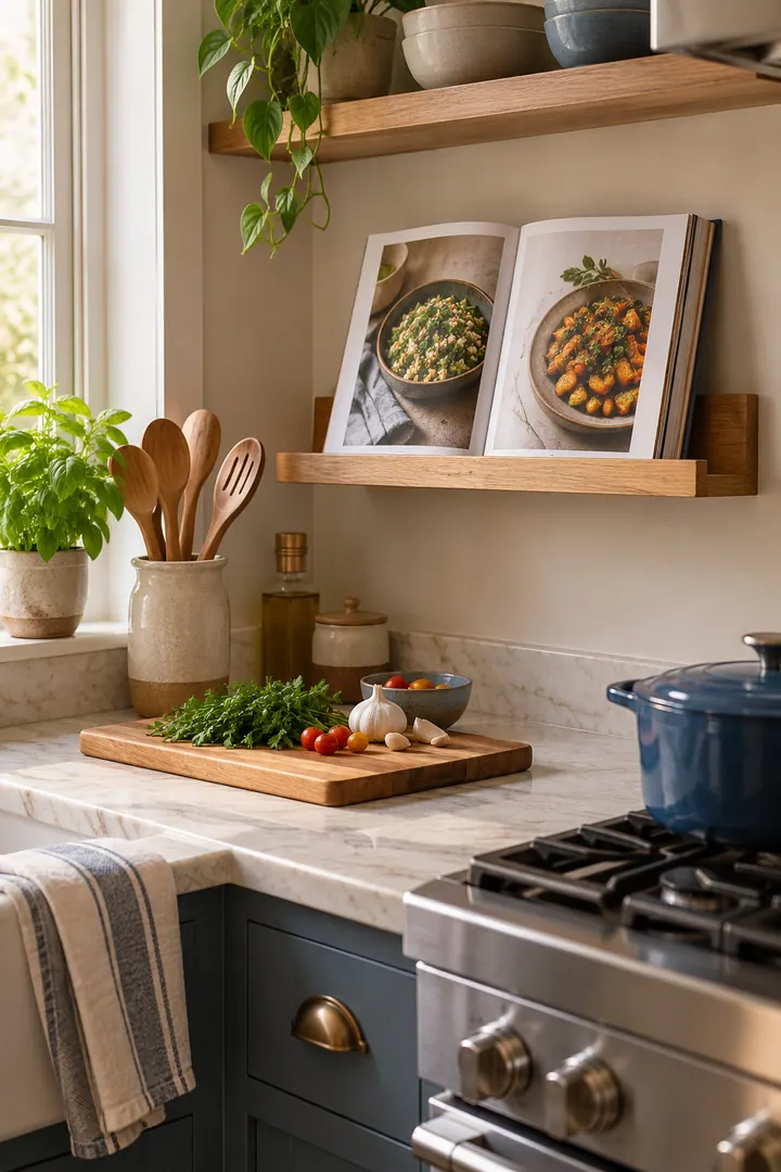 Detail/Lifestyle Photo of small kitchen cookbook ledge in Compact kitchen wall showing use a shallow display ledge.