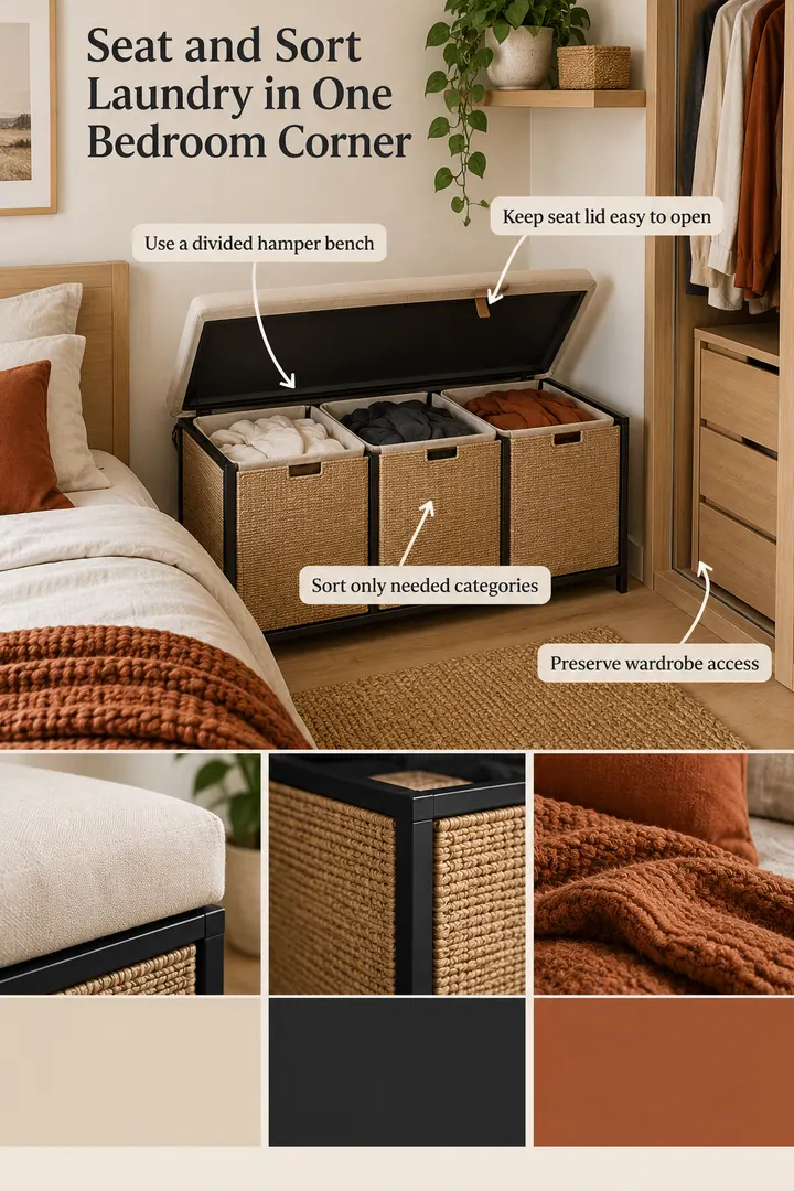 Color Palette Guide of bedroom hamper sorting bench in Small bedroom corner showing use a divided hamper bench.