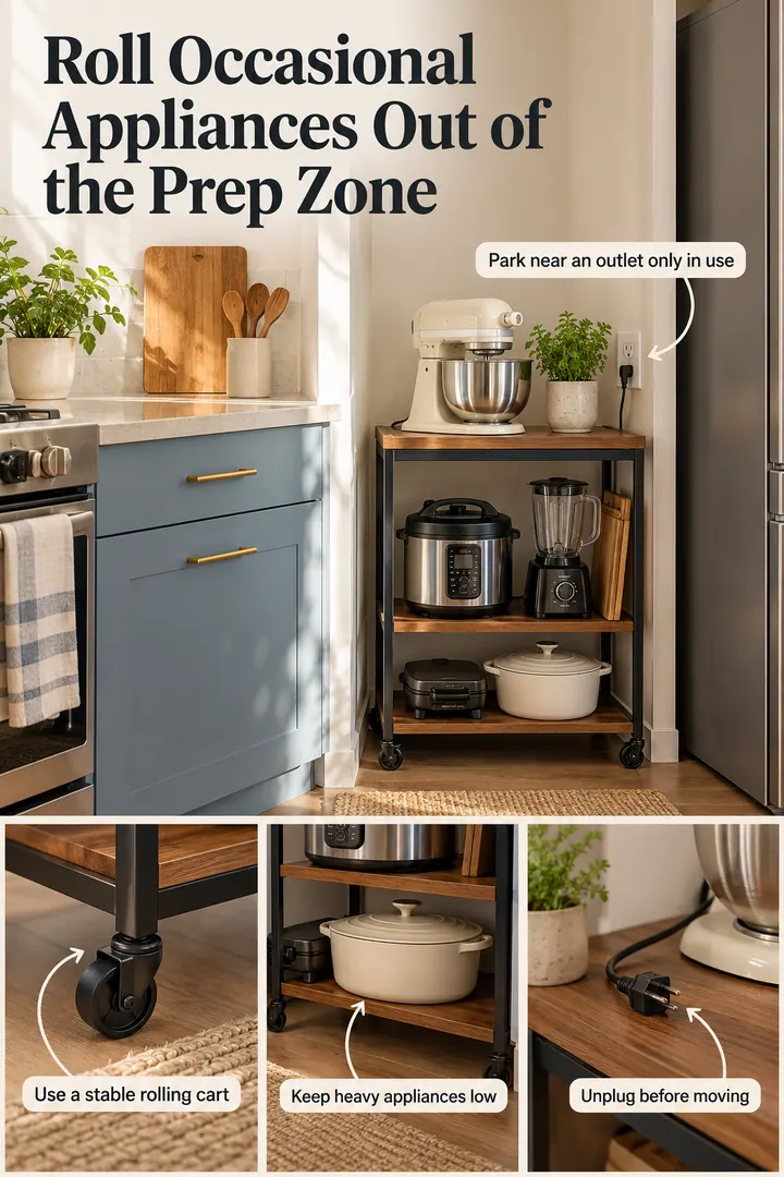 Room-by-Room Visual Guide of kitchen appliance garage cart in Rental kitchen alcove showing use a stable rolling cart.