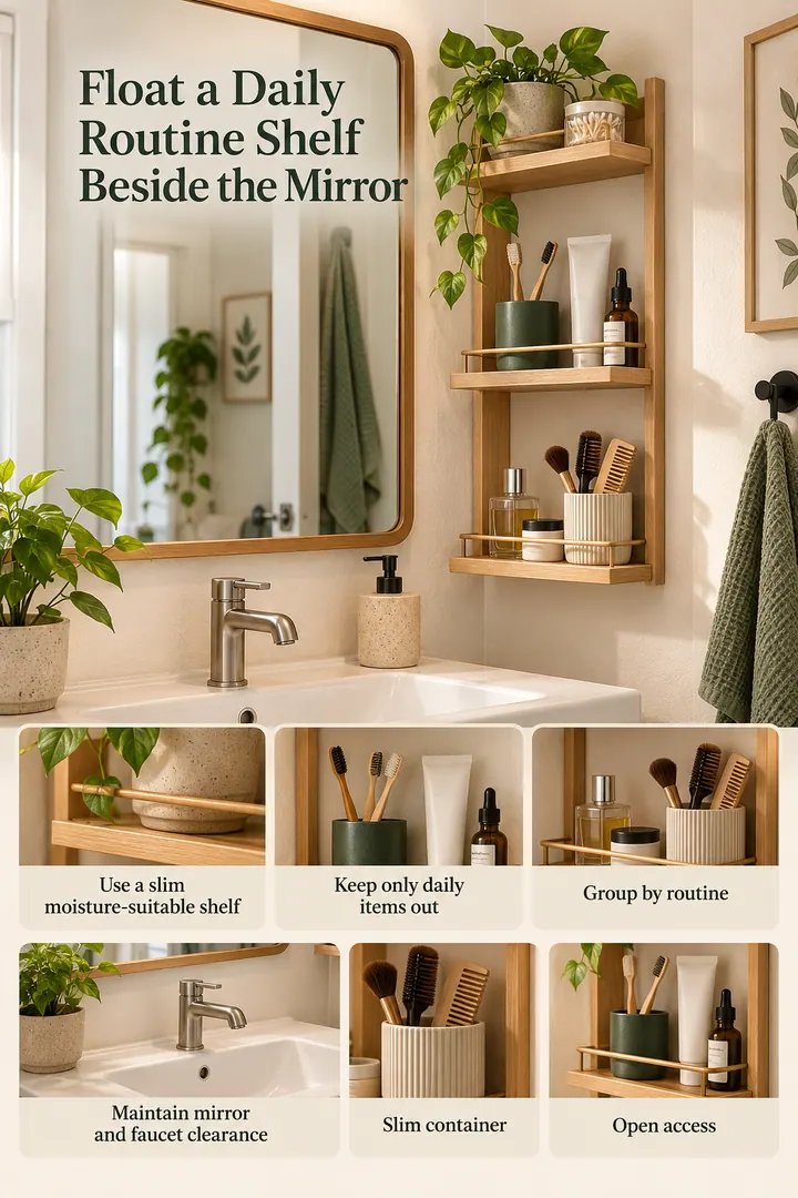 Budget Decor Catalog of bathroom routine mirror shelf in Tiny rental bathroom showing use a slim moisture-suitable shelf.