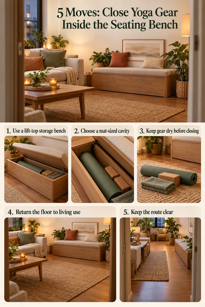 Numbered Ideas Infographic of living room yoga equipment bench in Small living room showing use a lift-top storage bench.