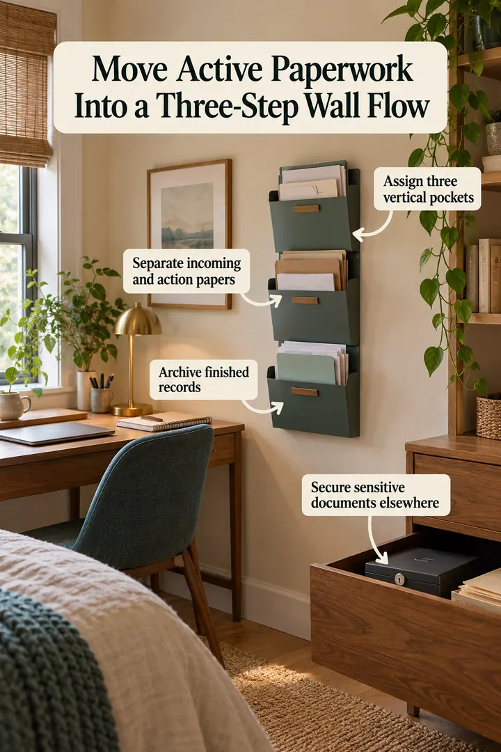 Annotated Educational Photo of home office paper workflow wall pockets in Bedroom work nook showing assign three vertical pockets.