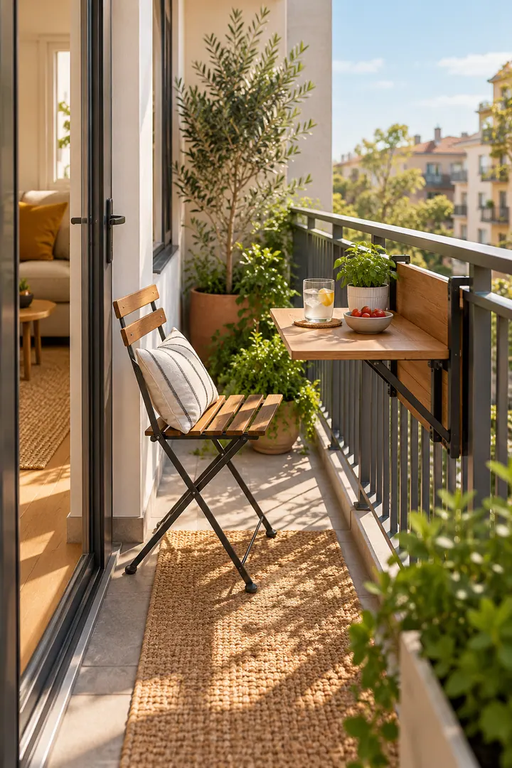 Clean Photo of tiny balcony folding service shelf in Narrow apartment balcony showing use an approved folding shelf.