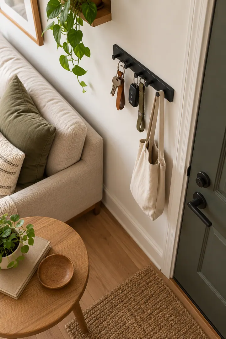 Detail/Lifestyle Photo of adhesive entry key rail in Rental entry wall showing choose a rated removable rail.