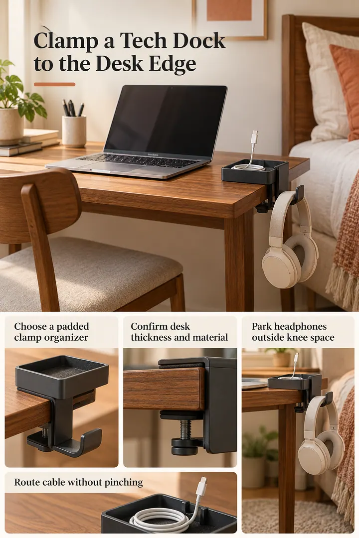 Editorial Educational Collage of clamp on desk edge organizer in Bedroom work nook showing choose a padded clamp organizer.